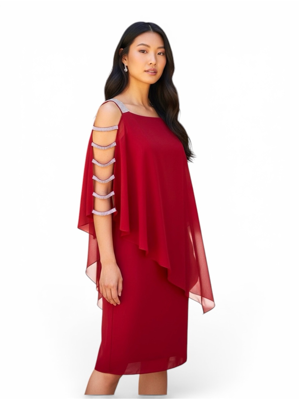 MSK Red Chiffon Cold Shoulder Dress with Rhinestone Straps Size M